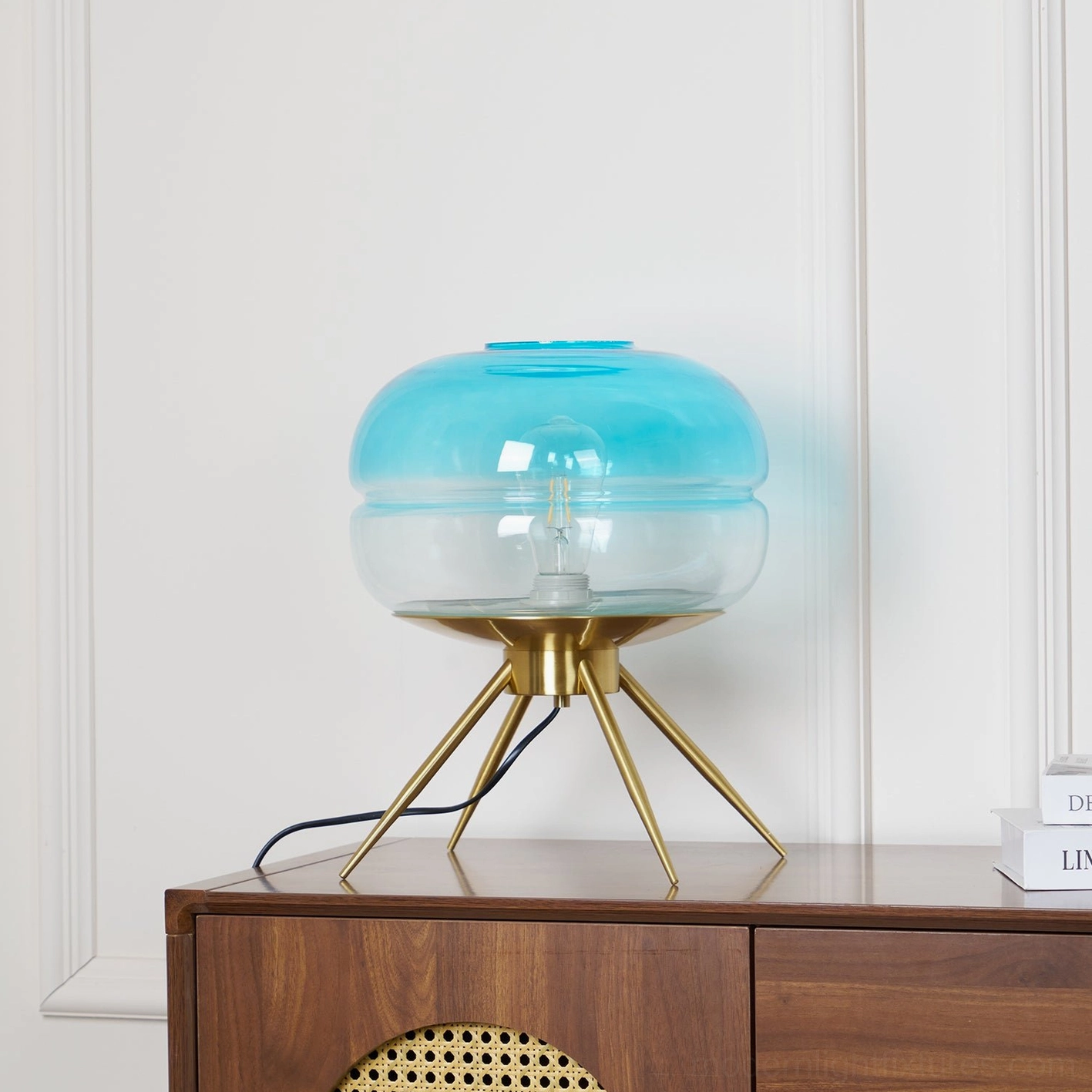 Moda modern table lamp showing versatile styling on bedroom nightstand with ambient evening lighting