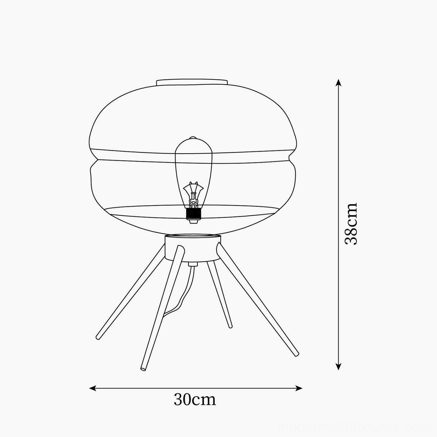Technical schematic drawing of Moda table lamp showing 38cm height and 30cm diameter dimensions