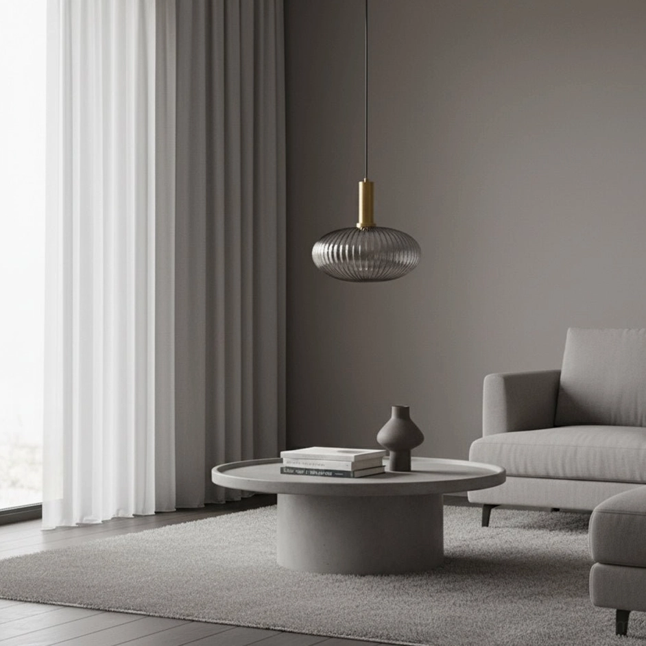 Bedside installation of Model A ribbed glass pendant lamp flanking modern bedroom with soft ambient illumination