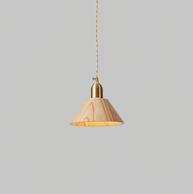 Model A compact walnut wood pendant light fixture studio photography
