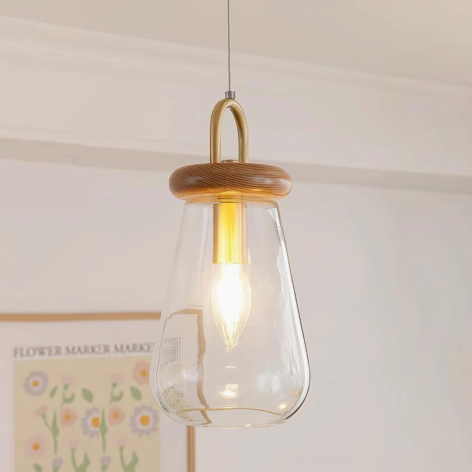 Model A jar pendant lamp with 14cm diameter clear glass shade and ash wood accents