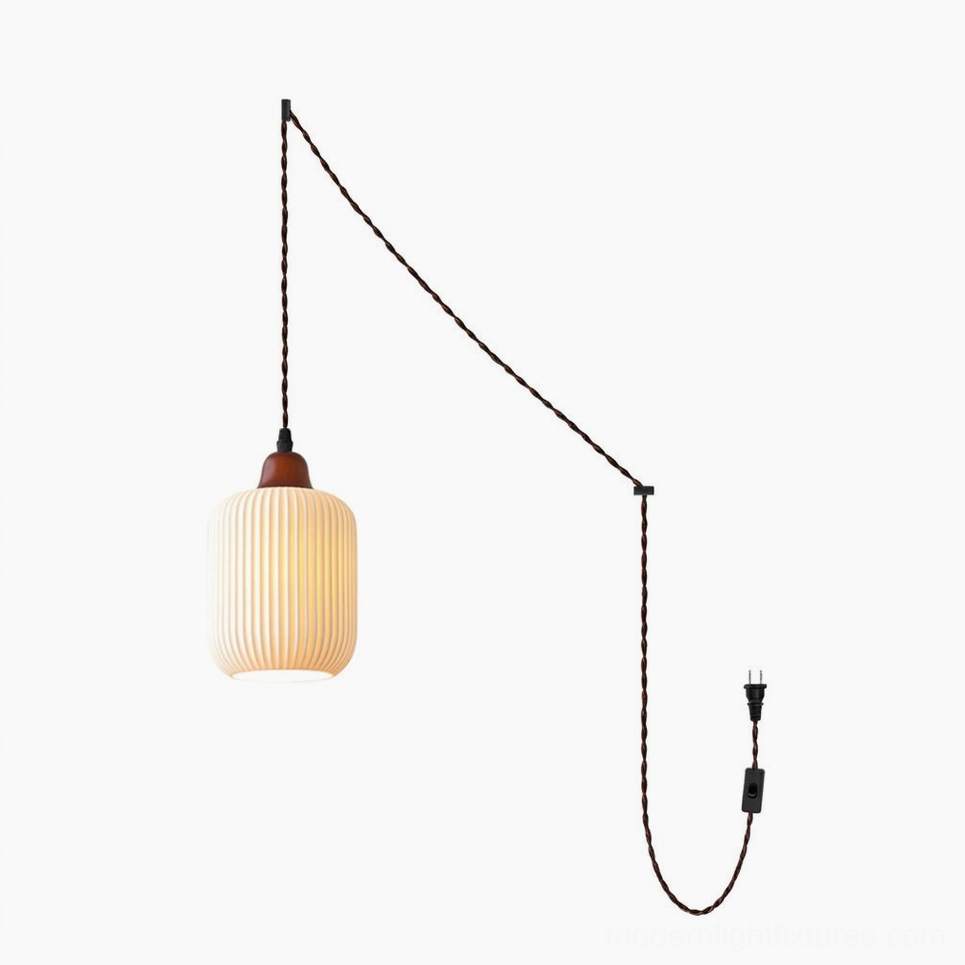 Model A oblong ceramic plug-in pendant light with narrow profile, ideal for bedside and hallway