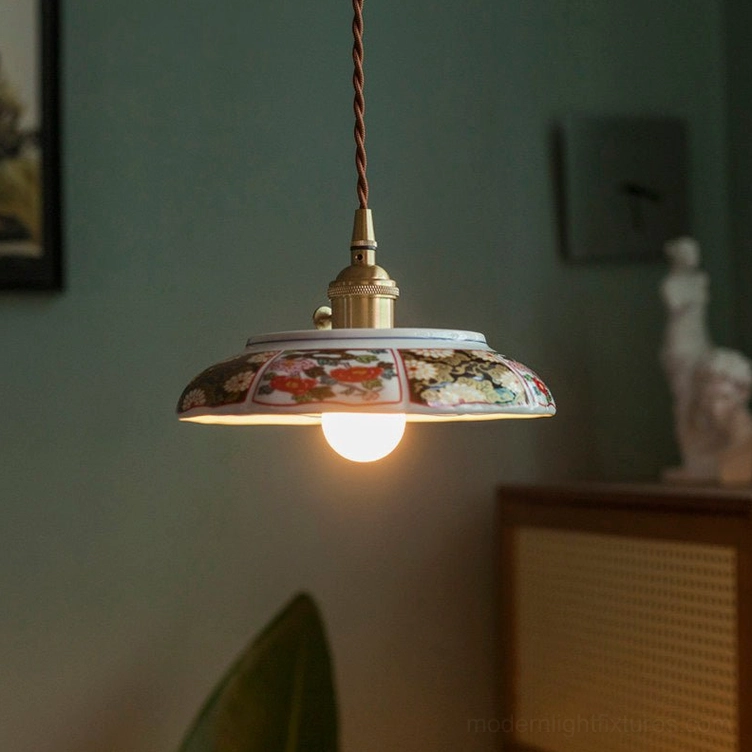 Model A red hand-painted ceramic saucer pendant light with floral pattern and brass E27 socket