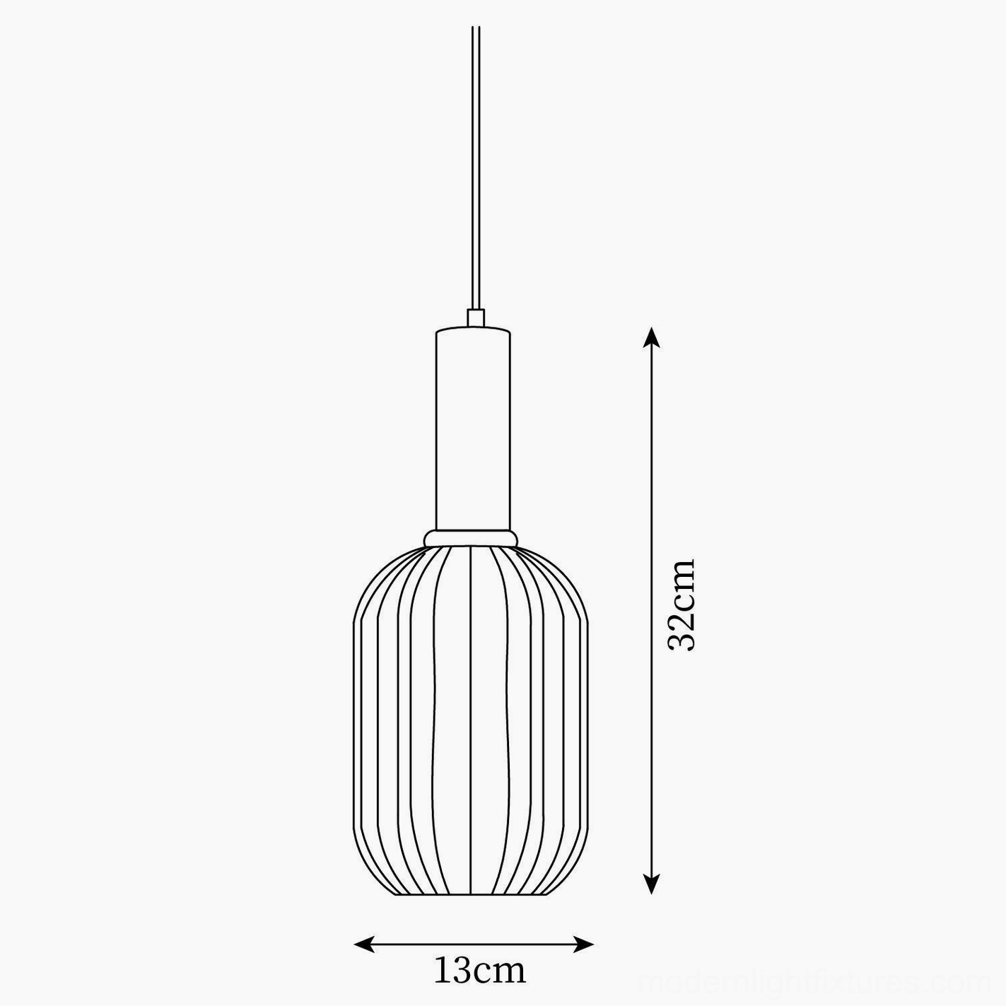 Technical line drawing of Model A ribbed glass pendant lamp showing dimensions 13cm diameter x 32cm height