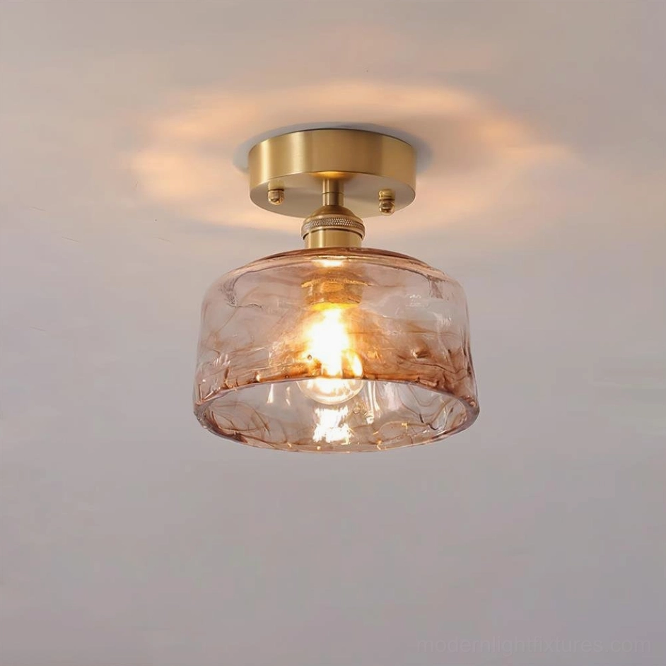 Model A vintage amber glass semi-flush ceiling light Dia 17cm x H 16.5cm with brass base, classic design