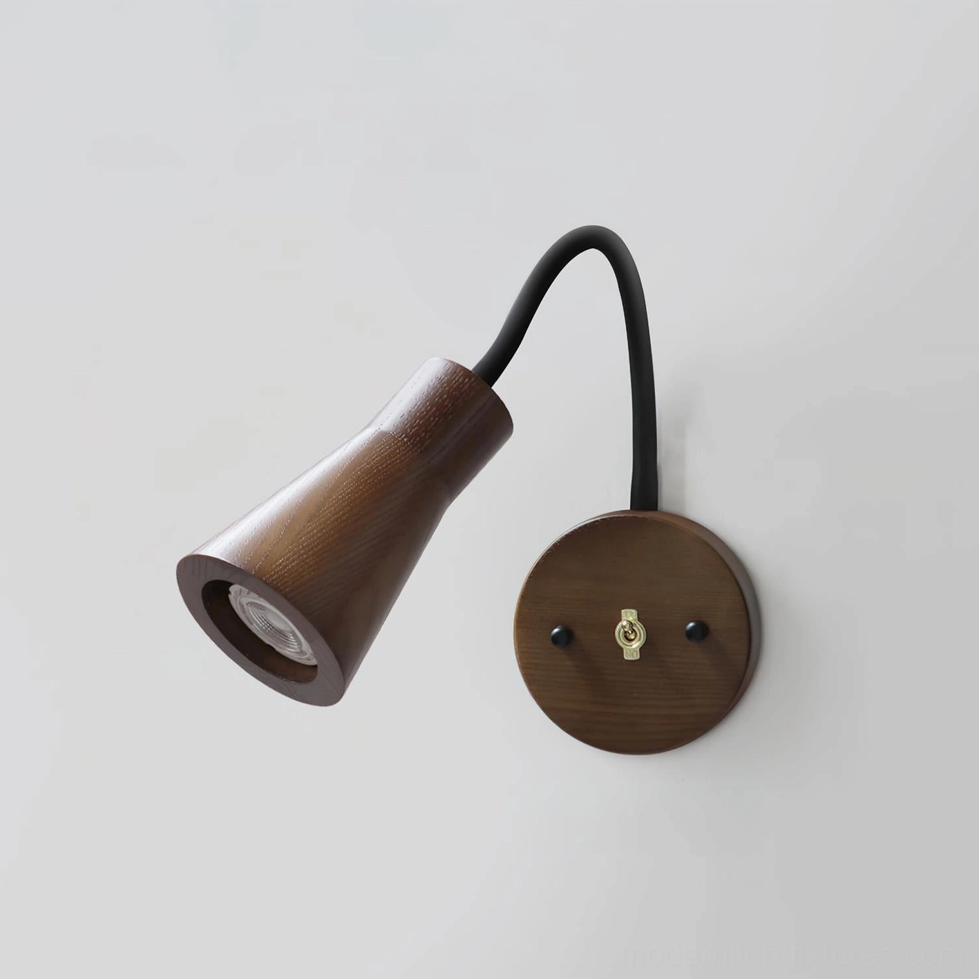 Model A wall sconce in warm walnut color with adjustable gooseneck lighting arm