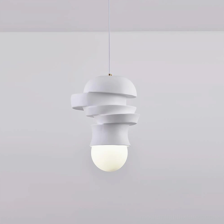 Modern pendant light Model A with white stacked disc shade, contemporary lighting fixture design detail