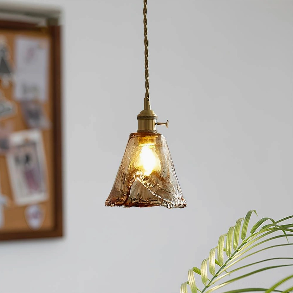 Model B amber glass pendant lamp - 5.9 inches diameter vintage fixture