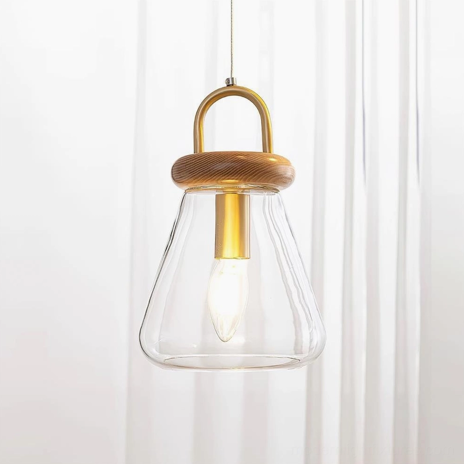 Model B jar pendant lamp with 16cm diameter clear glass shade and wood brass accents