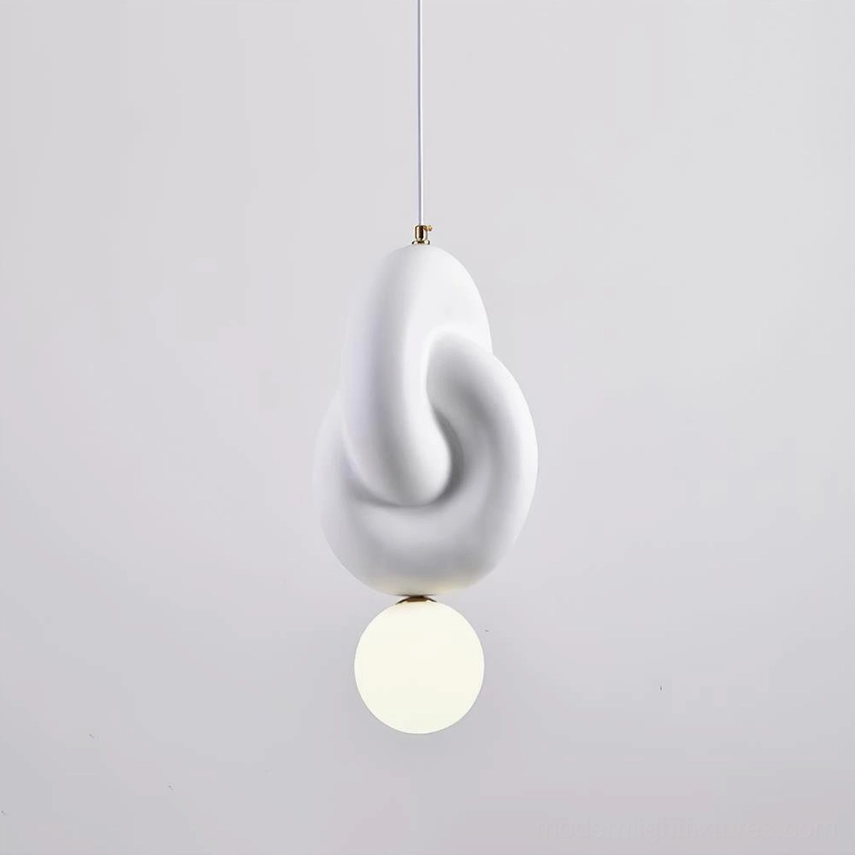 Modern layered pendant light Model B installation view, white sculptural fixture in contemporary space