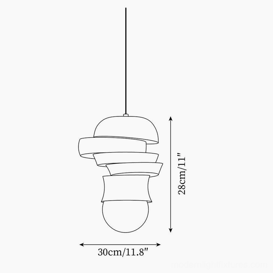 Technical schematic drawing of modern layered pendant lamp Model B, 30cm diameter x 28cm height specifications