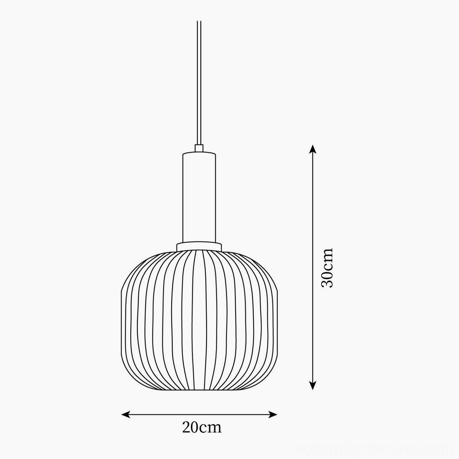 Technical schematic of Model B ribbed glass pendant light showing 20cm diameter x 30cm height specification