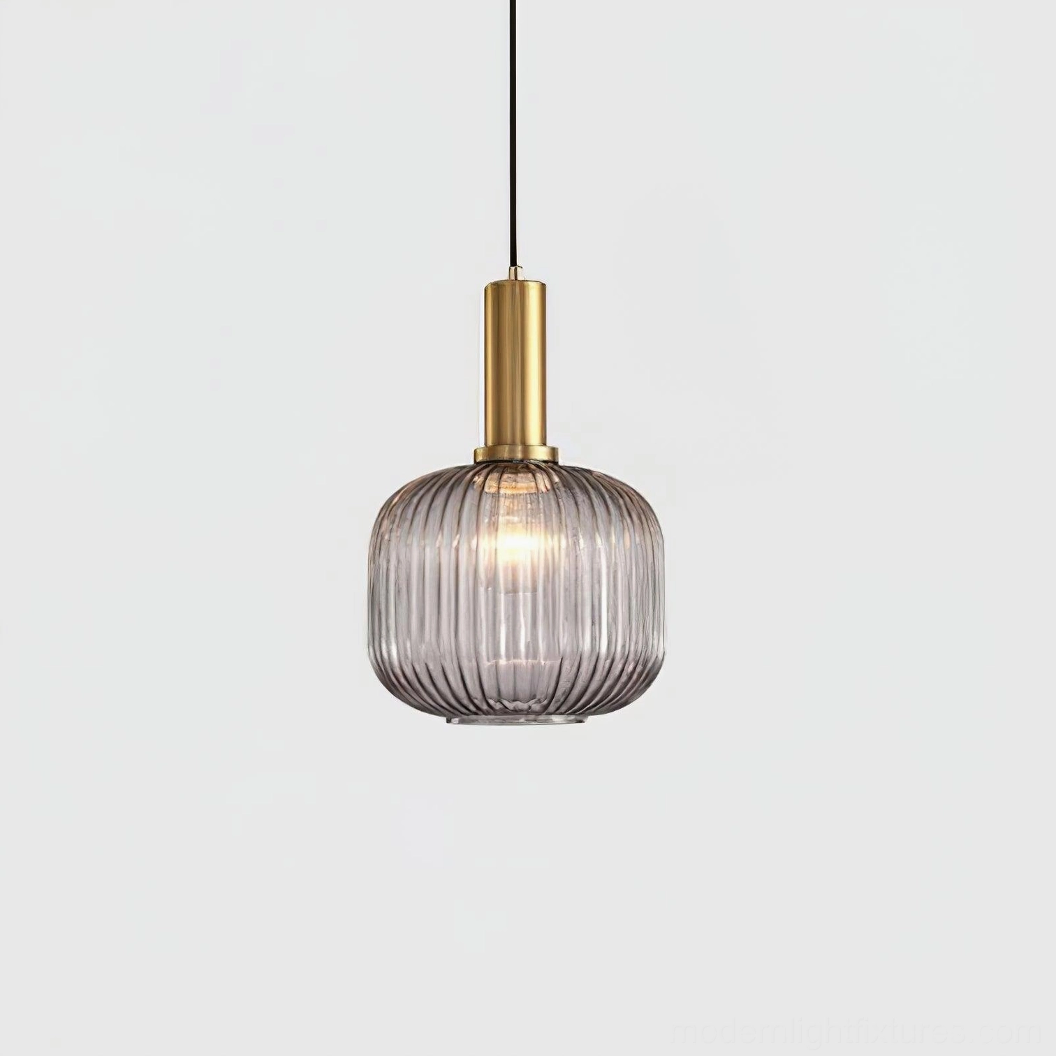Model B smoke gray ribbed glass pendant lamp versatile size showing contemporary kitchen island application
