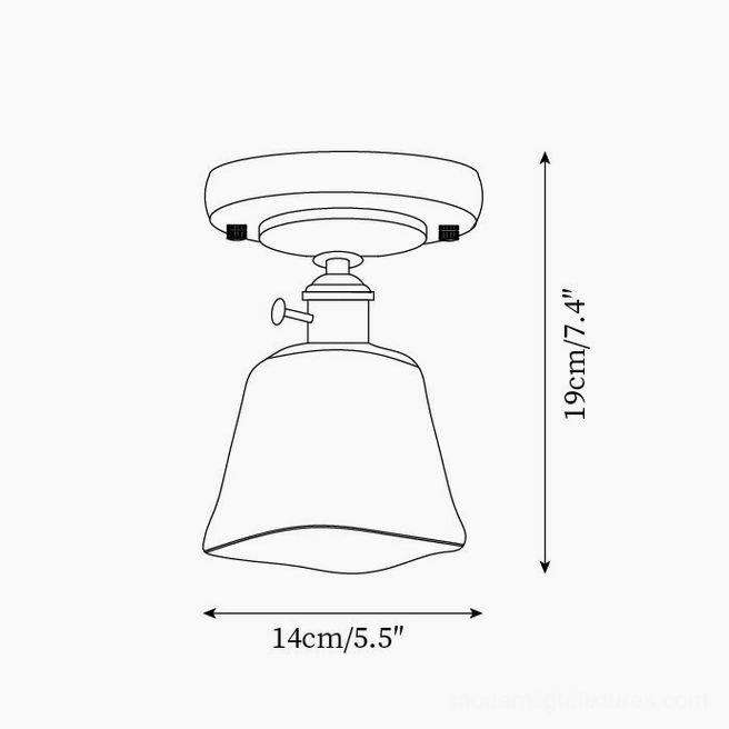 Technical specification drawing Model B square tapered hand-blown glass ceiling light 14cm diameter 19cm height
