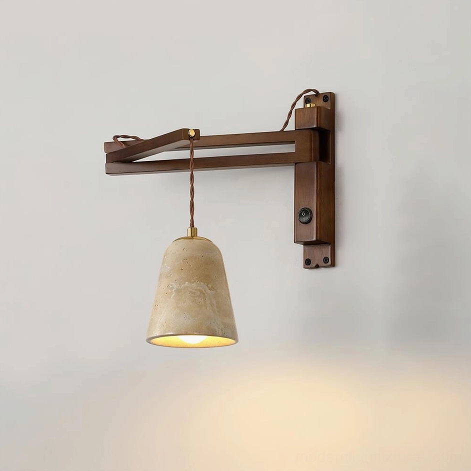 Model B travertine wall sconce with tall proportioned shade, adjustable arm lighting fixture for modern bedside design