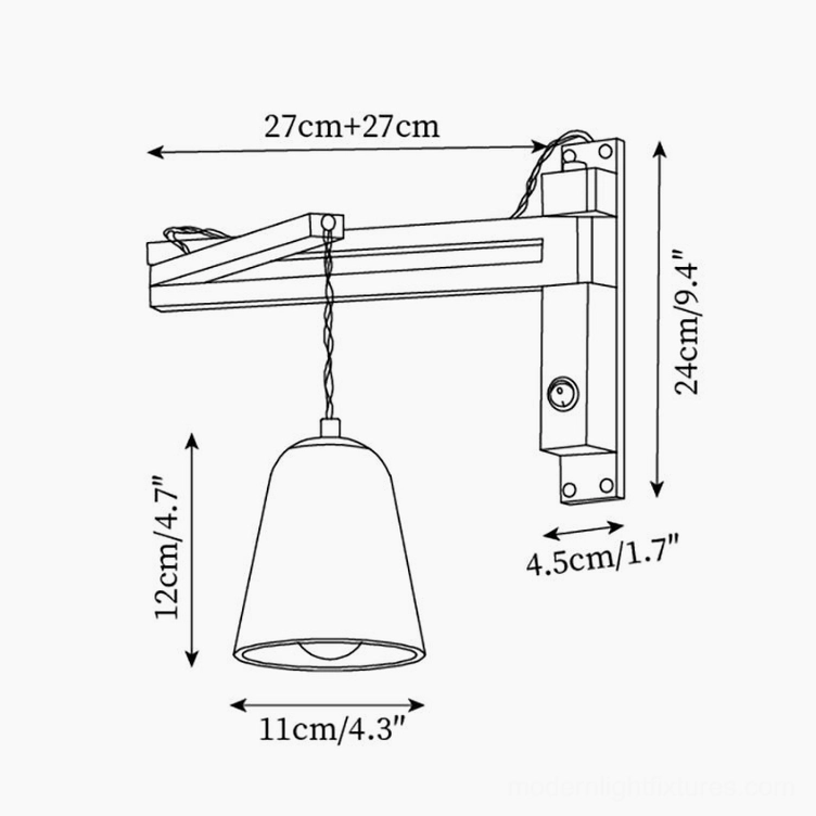 Technical blueprint diagram of travertine wall sconce Model B showing tapered bucket shade dimensions and measurement details