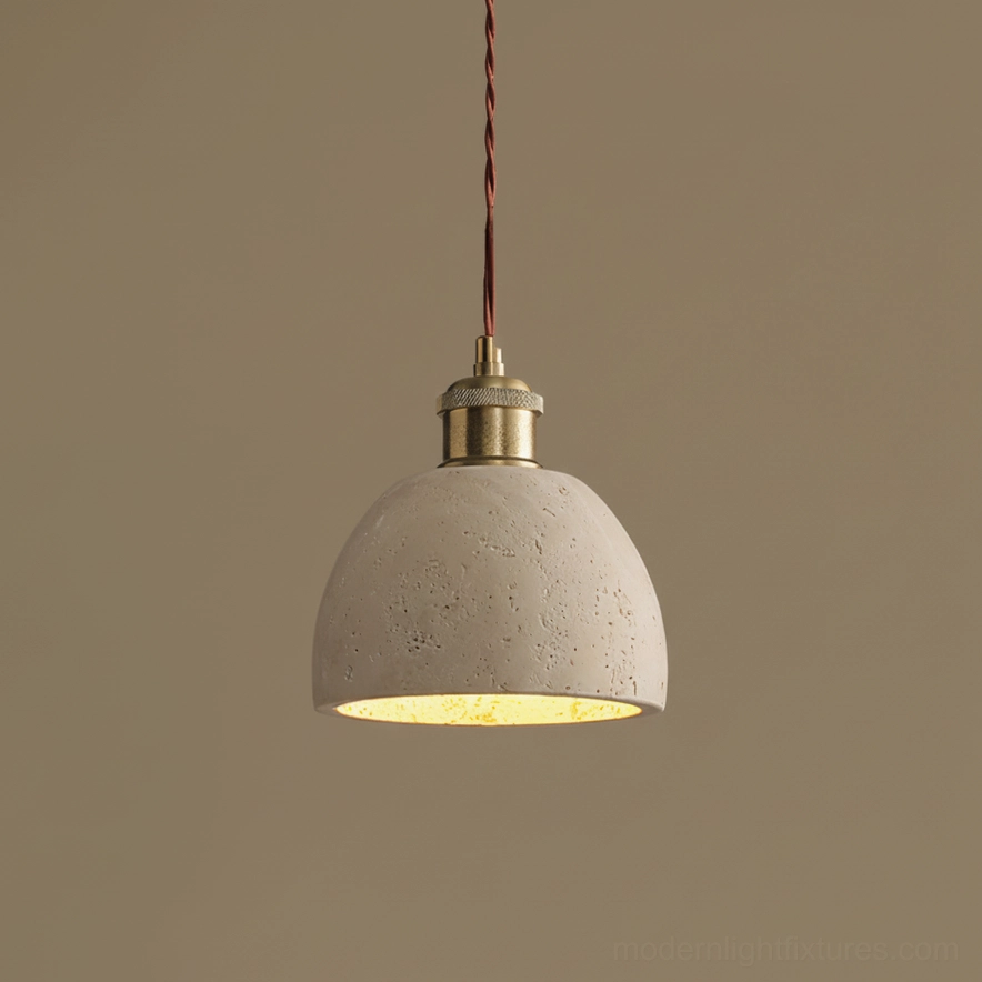 Model B travertine pendant light balanced dome with substantial visual presence