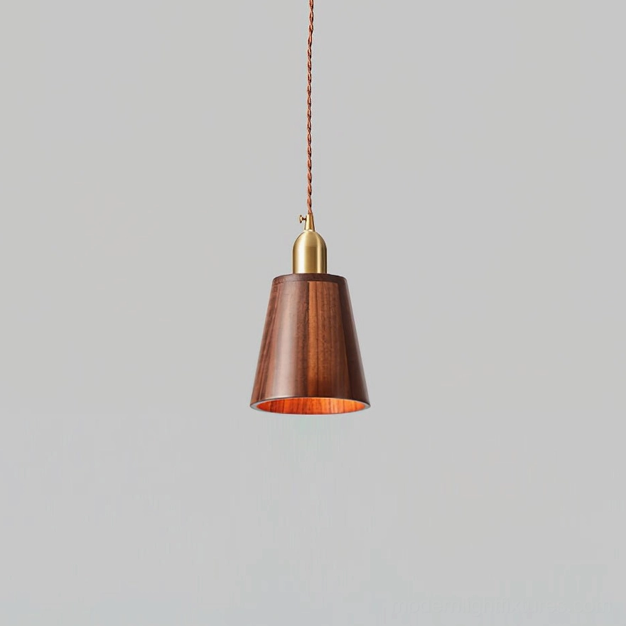 Model B walnut wood pendant light with twisted cord in entryway