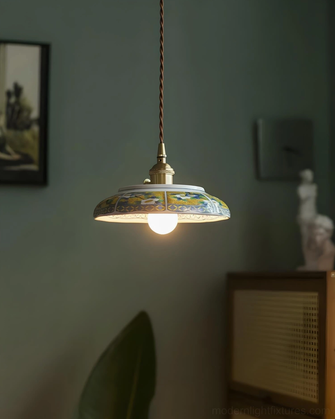 Model B yellow hand-painted ceramic saucer pendant light with landscape scene and bordered rim design