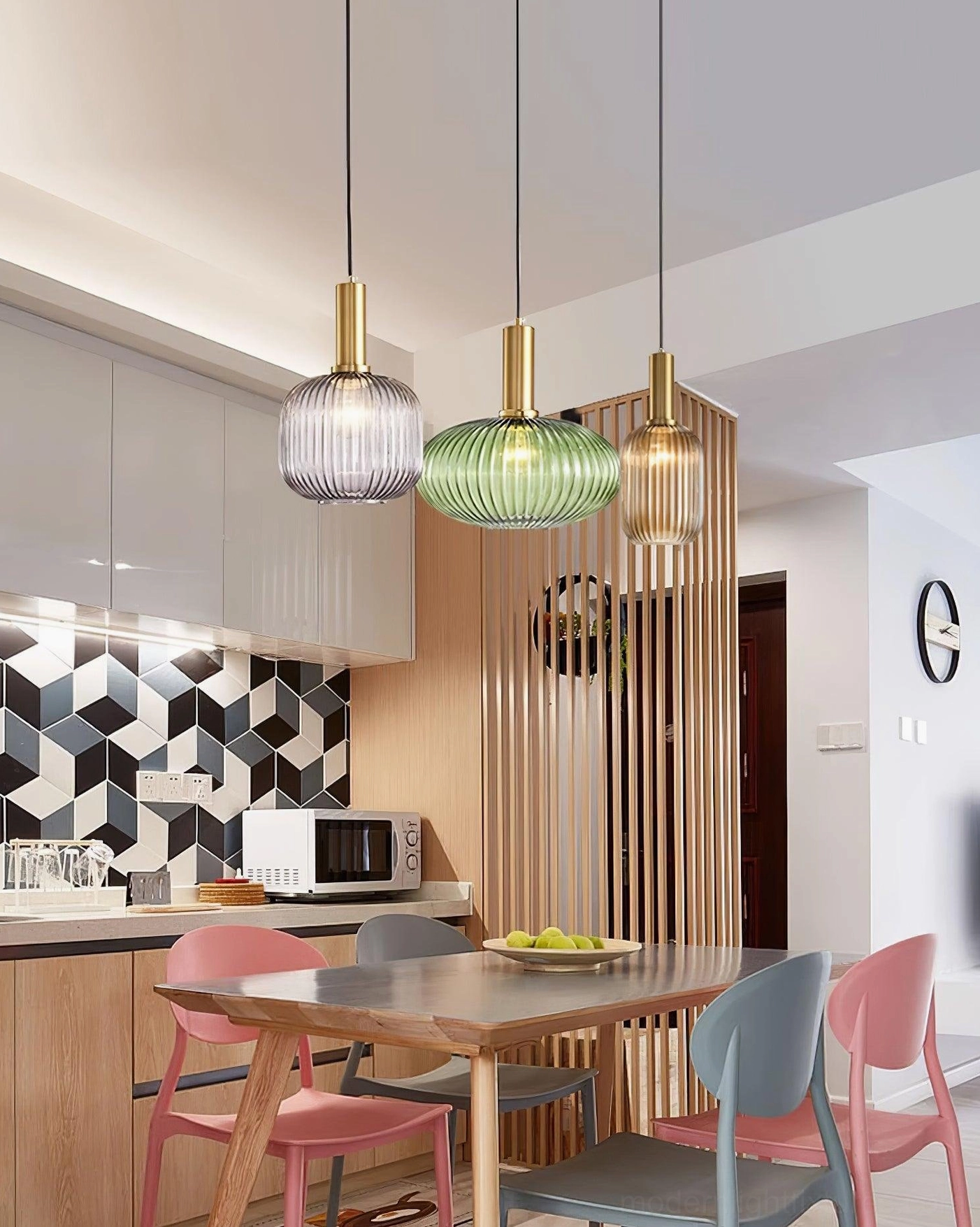 Model C large ribbed glass pendant lamp statement fixture above dining table modern pendant lighting design