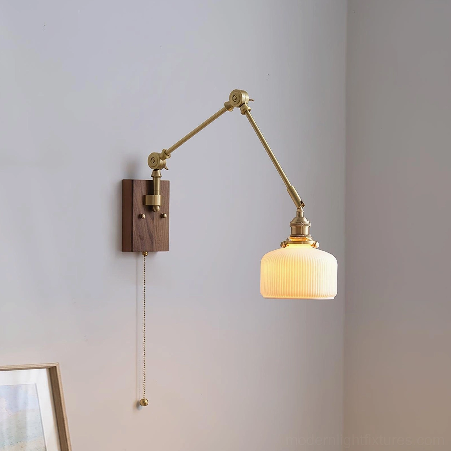 Model C medium ribbed drum swing arm sconce, versatile bedroom and bathroom installation