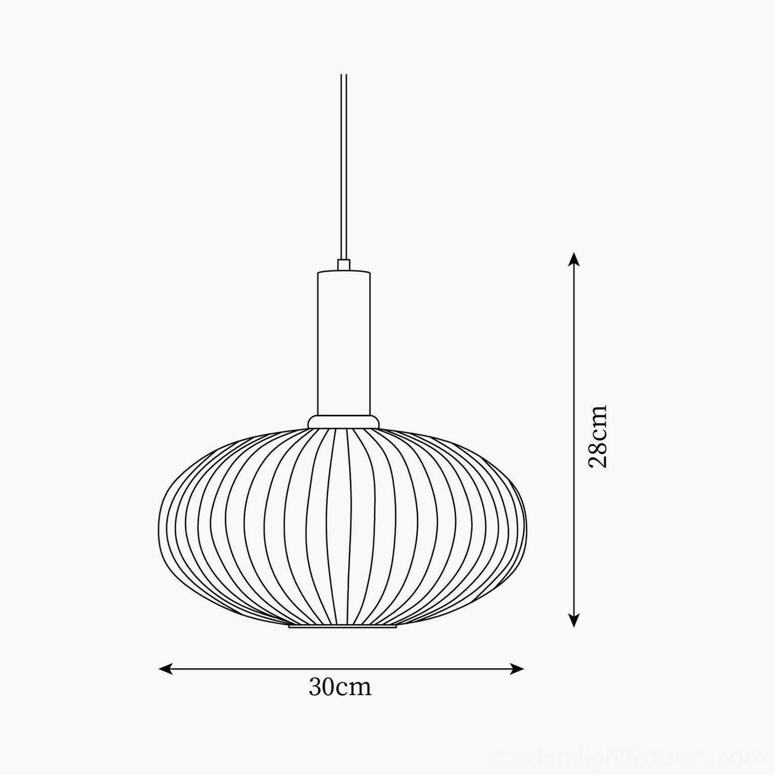 Technical line drawing of Model C ribbed glass pendant lamp showing 30cm diameter x 28cm height architectural design