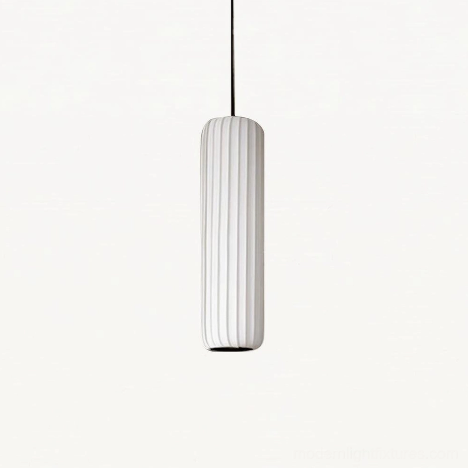 Model C Rossau pendant light - tall ribbed fabric shade for statement lighting in high ceiling spaces