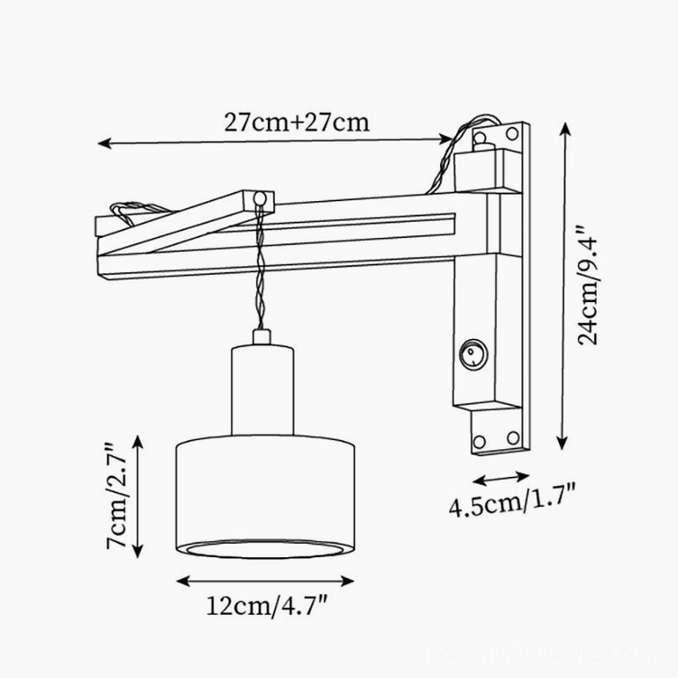 Technical blueprint diagram of travertine wall sconce Model C showing flat cylinder shade with standard dimension parameters