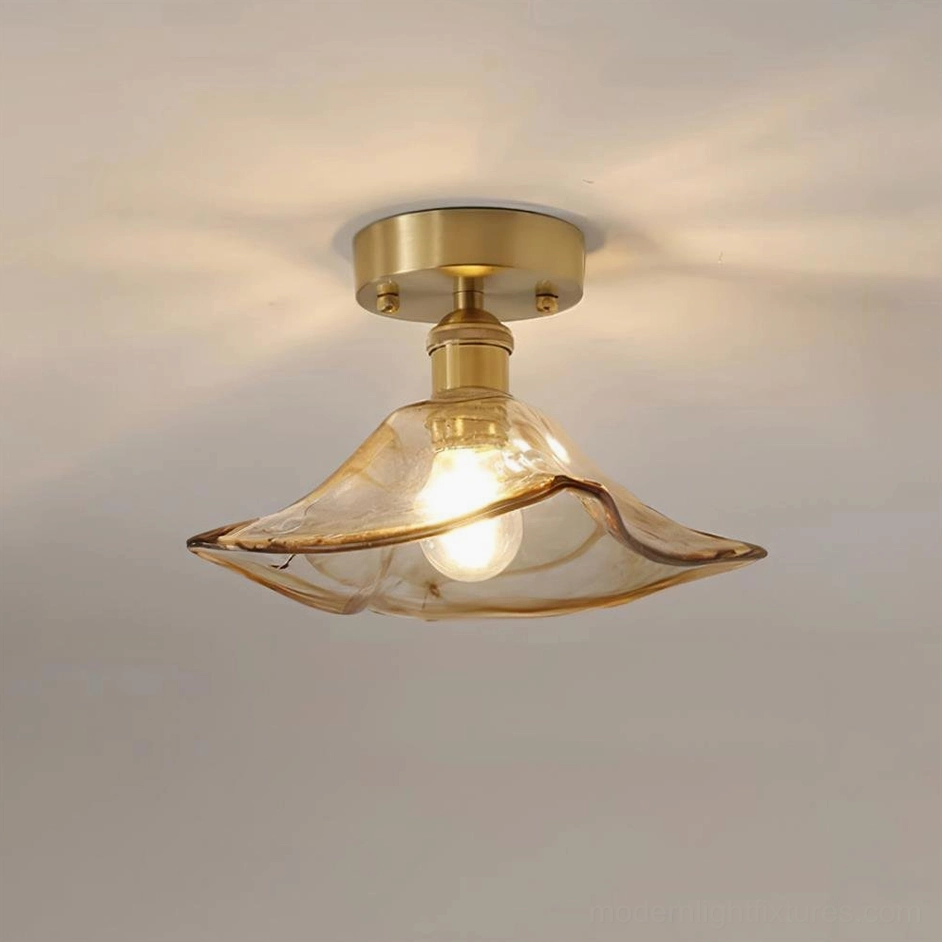 Model C vintage amber glass semi-flush ceiling light Dia 18cm x H 16.5cm with brass fixture, petal shade design