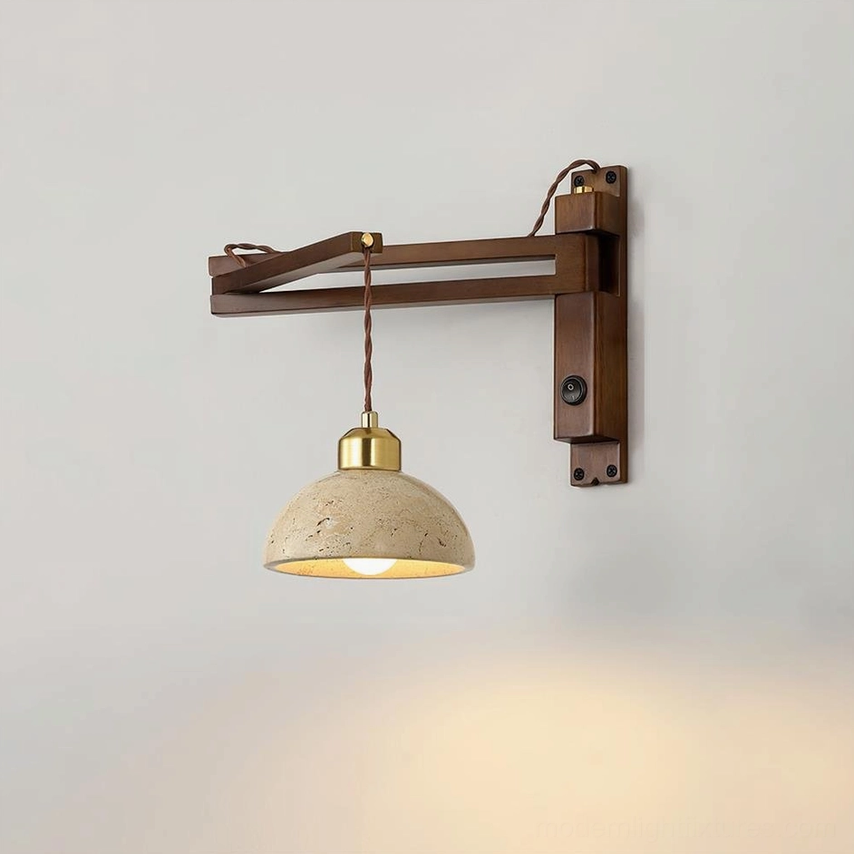 Model C travertine wall sconce with wider arm extension, walnut wood and beige stone in contemporary interior design