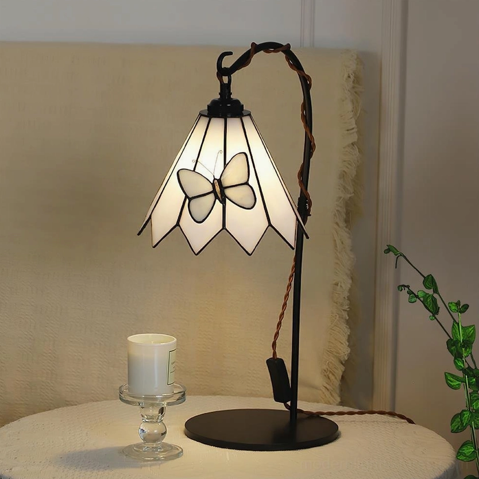 Model D scalloped edge stained glass butterfly table lamp product photograph