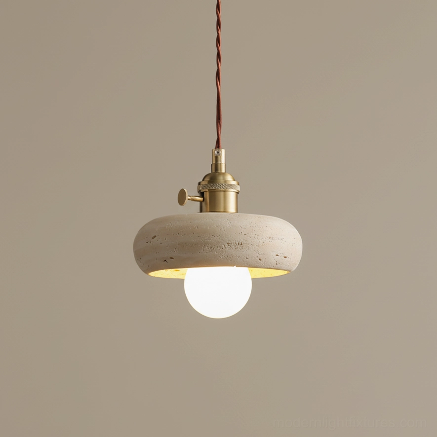 Model D travertine pendant light flattened disc proportions compact design