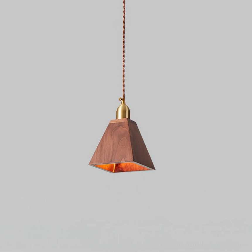 Model F walnut wood pendant light with brass fixture side profile view