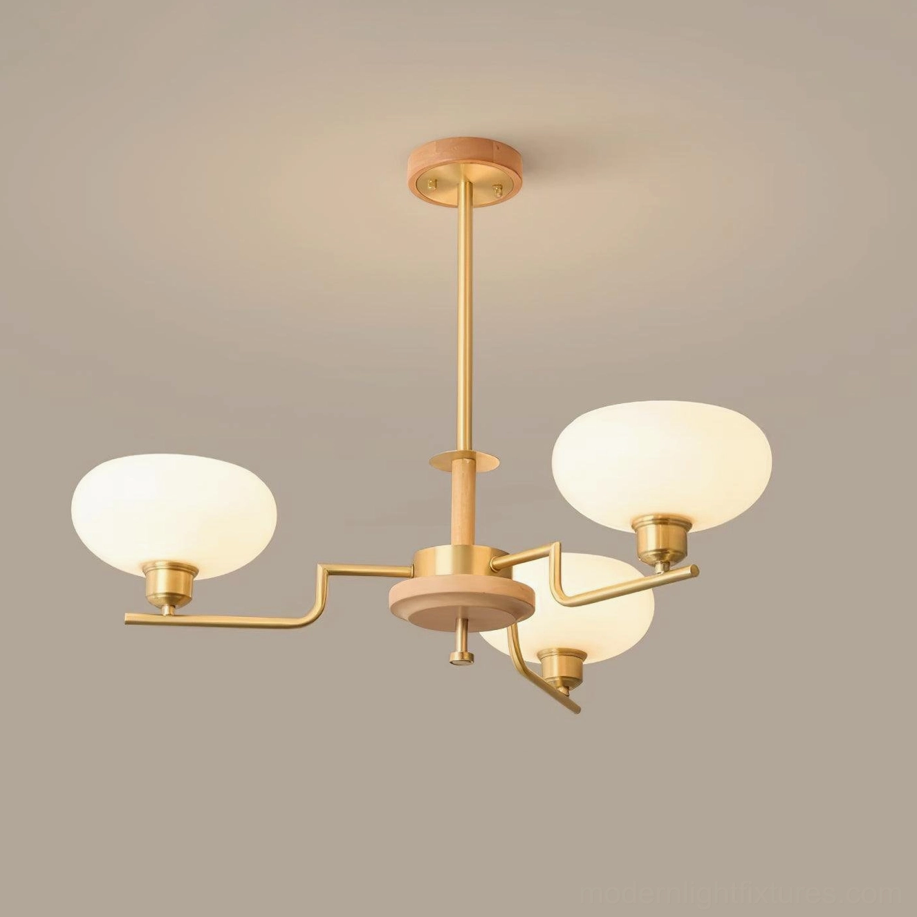 Modern 3-head glass pendant light with walnut wood and brass frame minimalist bedroom ceiling fixture