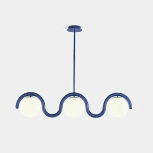 Modern 3-light wave chandelier with blue metal frame and frosted white glass orbs on white background