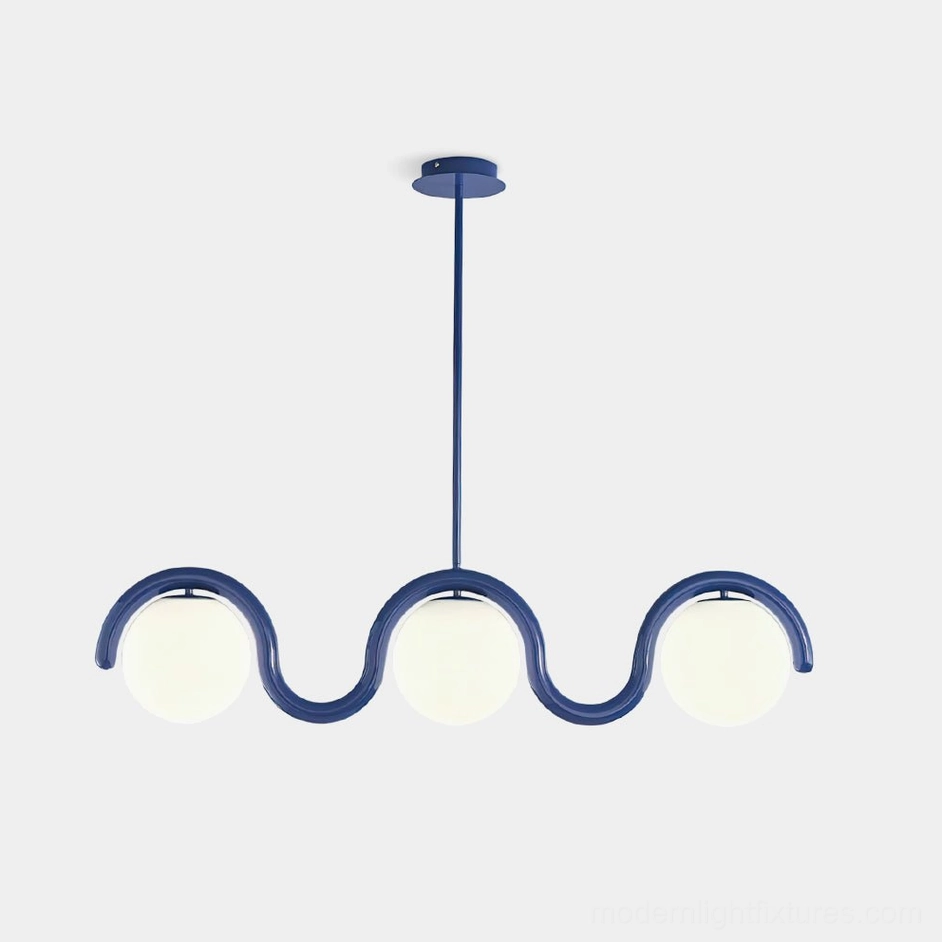 Modern 3-light wave chandelier with blue metal frame and frosted white glass orbs on white background