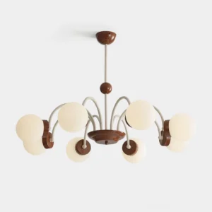 Modern 8-head frosted glass globe chandelier with curved metal arms in brown and off-white finish, studio overhead view