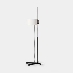 Modern adjustable floor lamp with magnetic fabric shade in black and white, direct front view showcasing two-tone metal structure and minimalist design