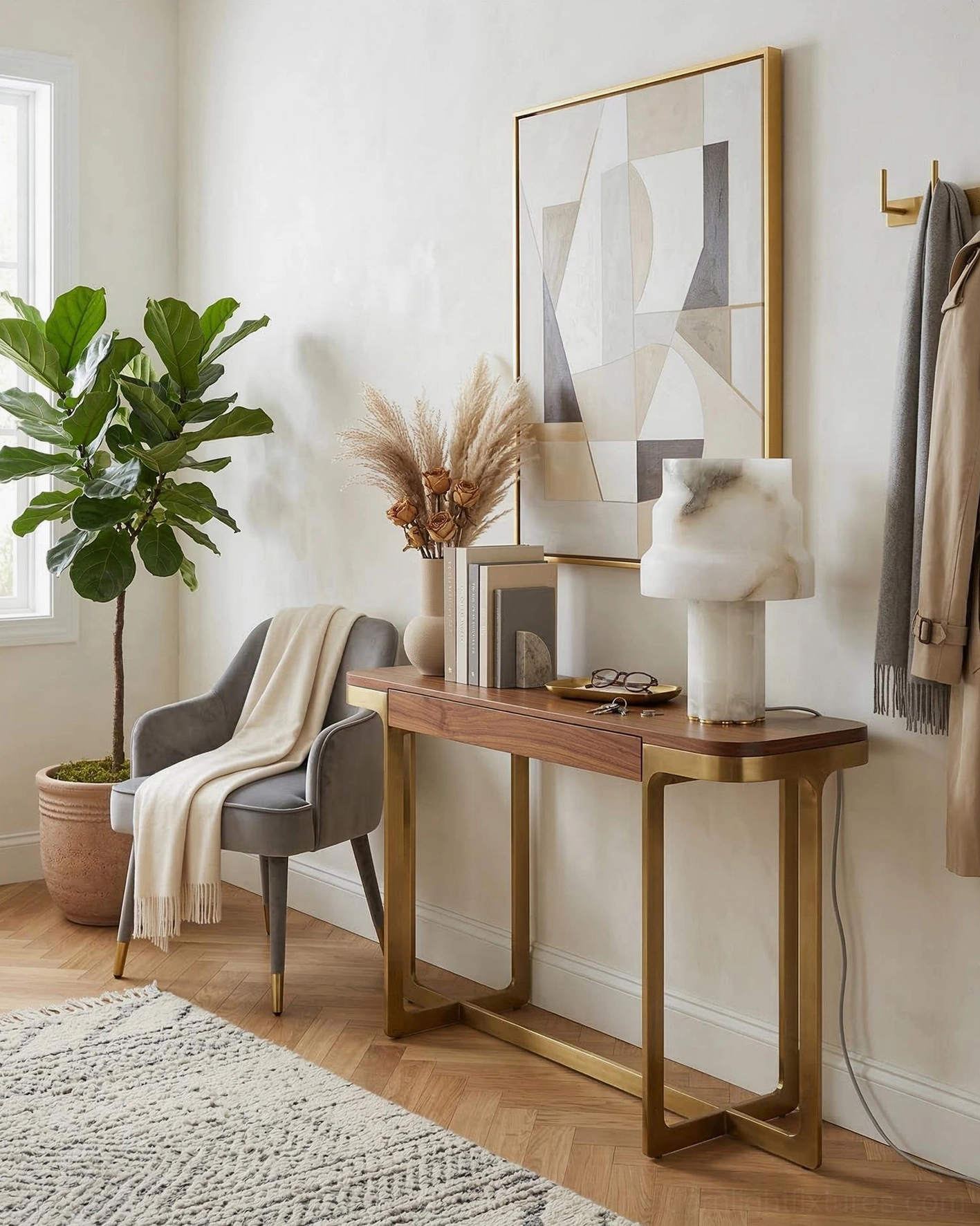 Sculptural alabaster table lamp on minimalist entryway console table with gold-accented wood decor
