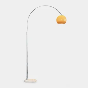 Modern arc floor lamp with chrome frame and orange spherical shade on white marble base, studio frontal view