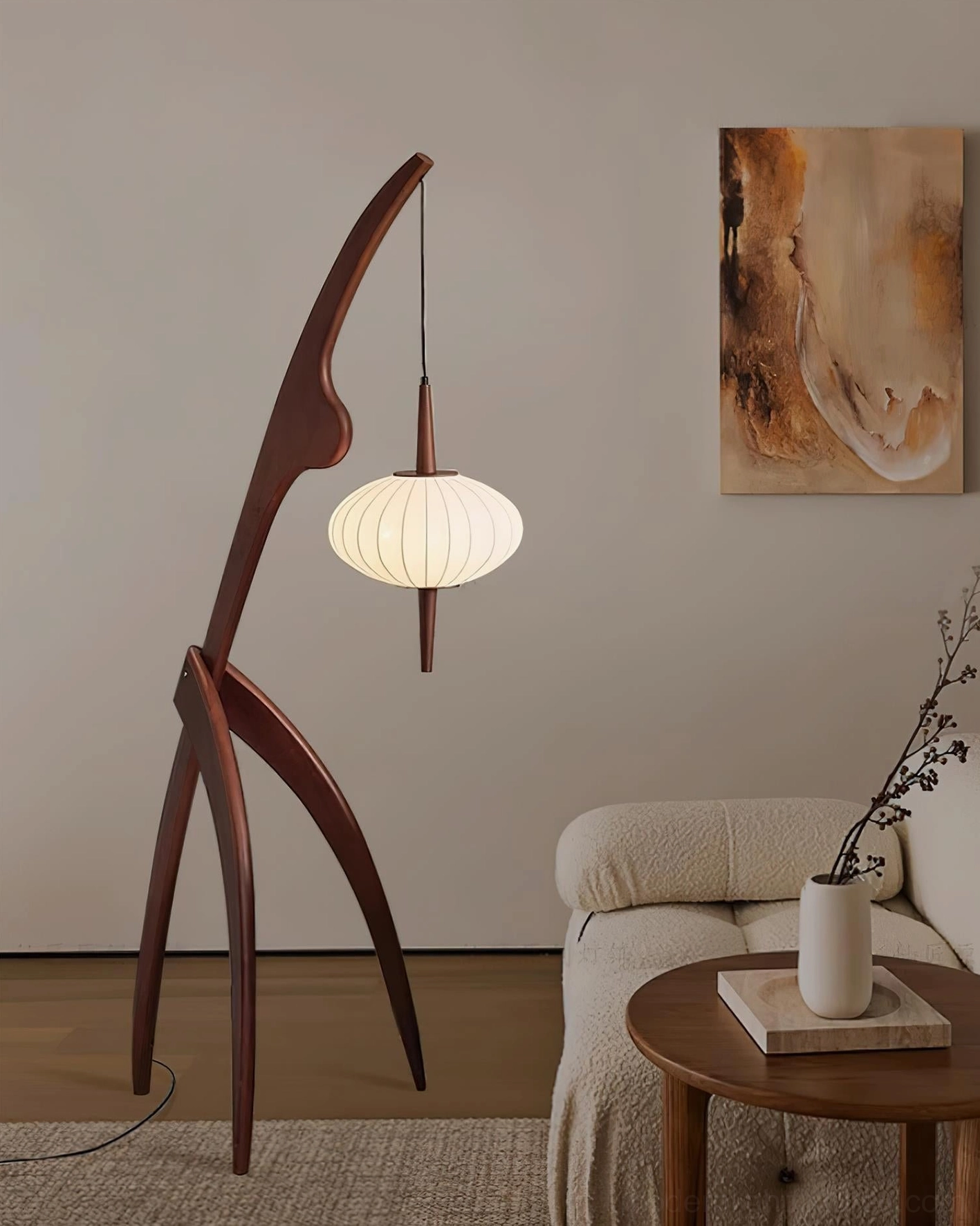 Modern arc floor lamp showing full height and proportions with fabric shade in room setting