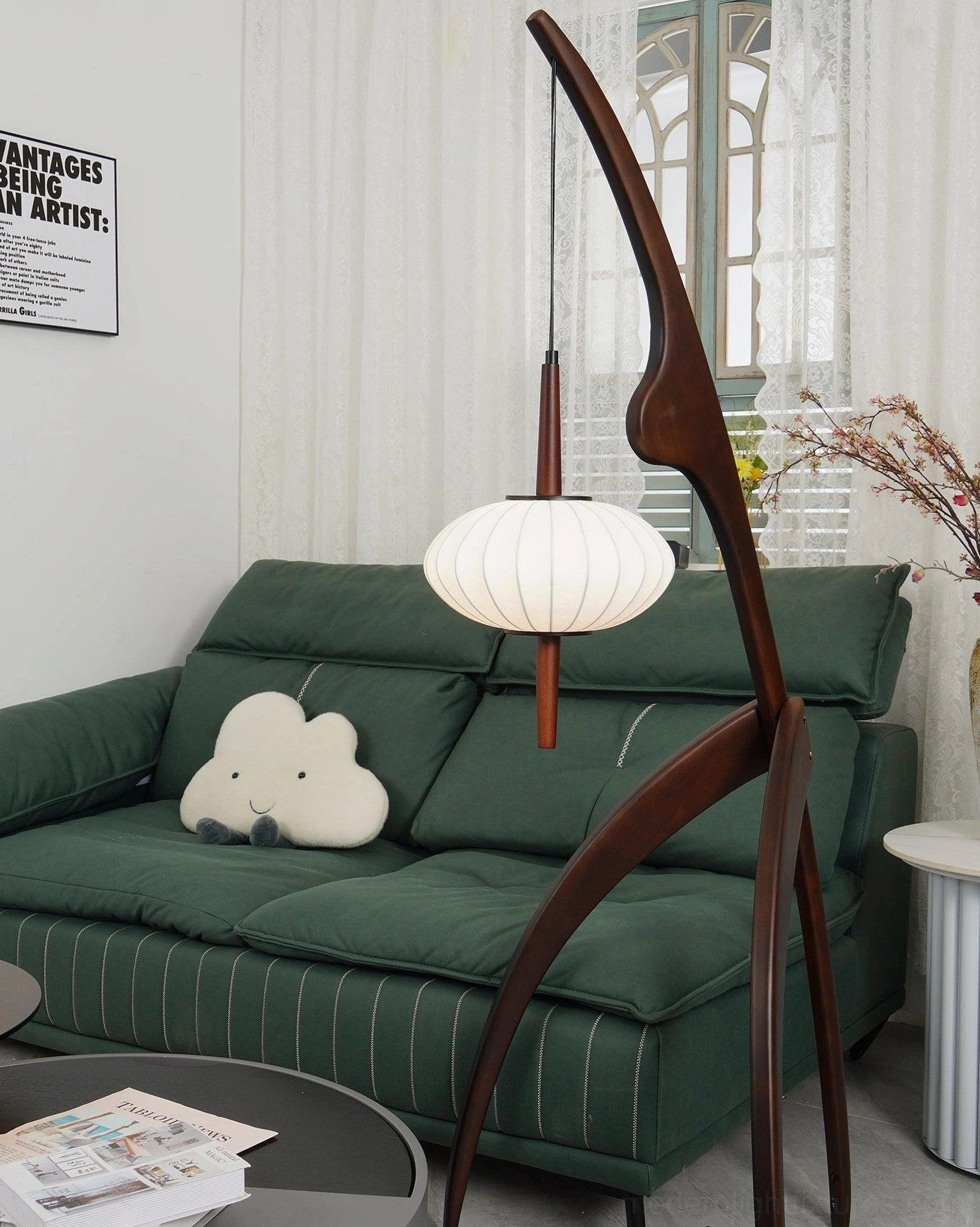 Modern arc floor lamp full height display with wooden frame fabric shade proportions