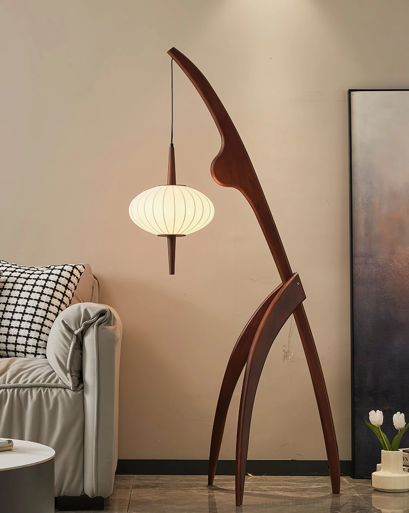 Modern arc floor lamp design featuring graceful curves wooden frame fabric shade
