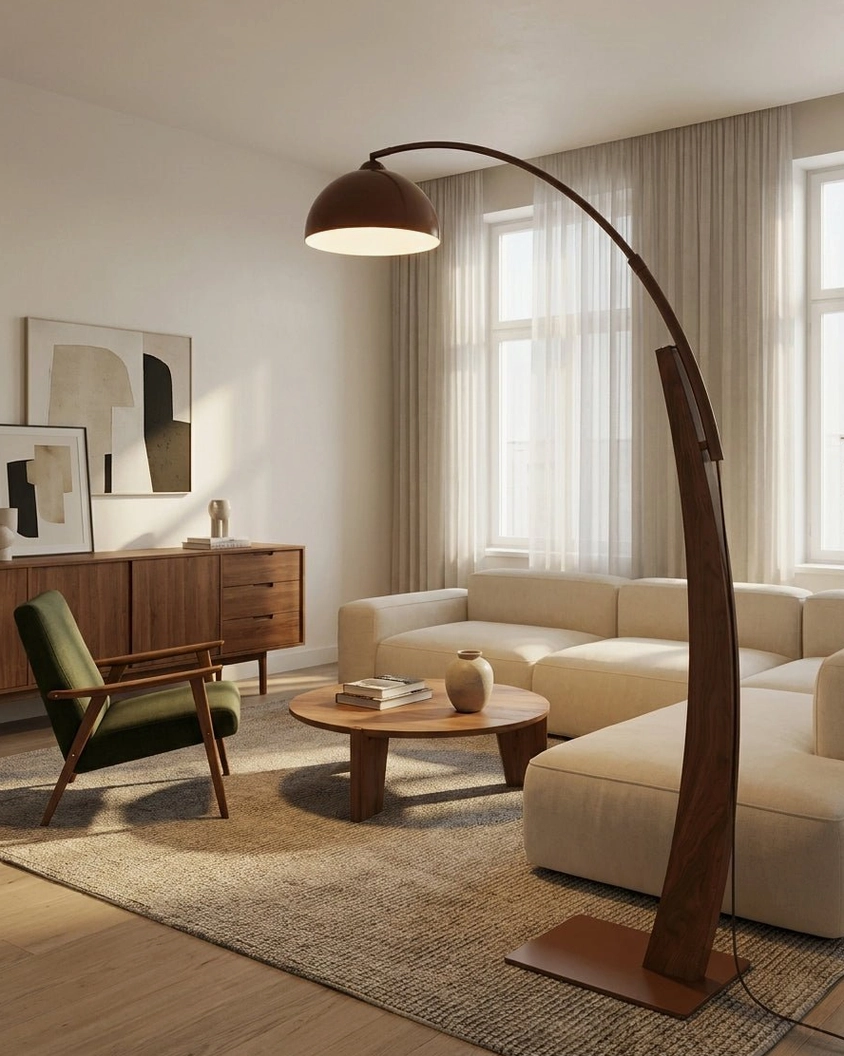 Modern arc floor lamp with natural wood grain finish in bright living room with sectional sofa, warm lighting ambiance