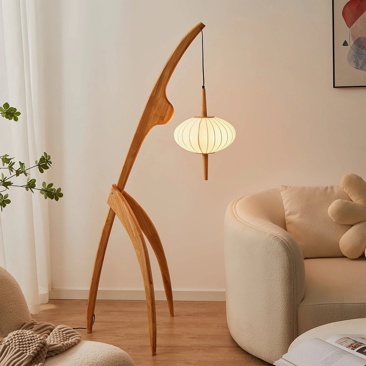 Natural wood color arc floor lamp with fabric lantern shade - front studio view