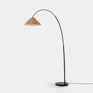 Modern arc floor lamp with matte black metal frame and natural rattan shade - front view showcase