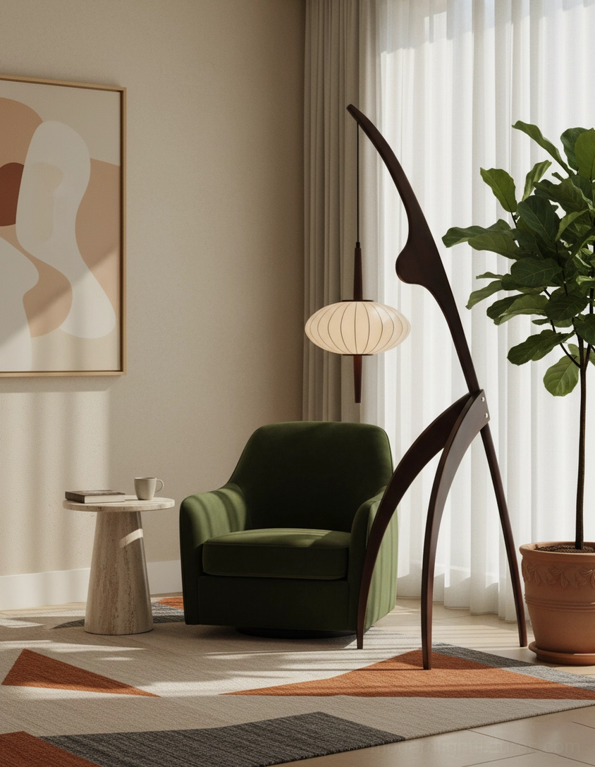 Modern arc floor lamp showing sculptural wooden form with fabric shade detail