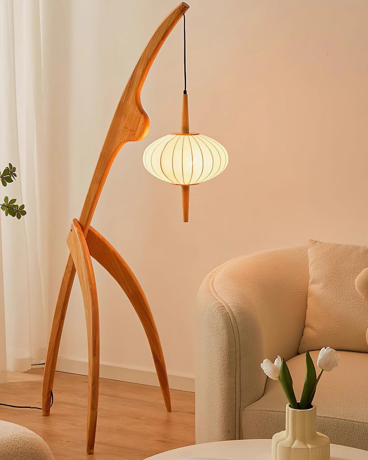Modern arc floor lamp sculptural wooden form with soft fabric illumination