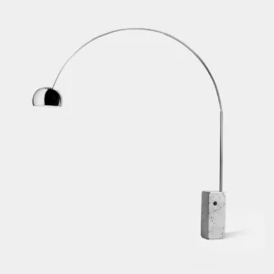 Modern arc floor lamp with silver metal frame and white marble base, front minimalist view against white background