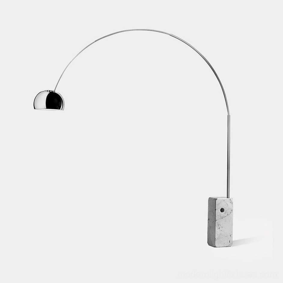 Modern arc floor lamp with silver metal frame and white marble base, front minimalist view against white background